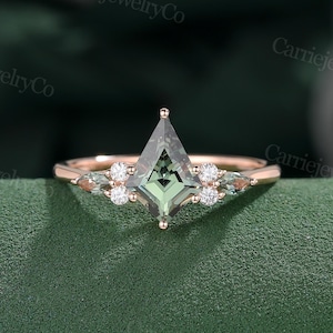 Kite cut Green Sapphire engagement ring Solid Rose gold Marriage ring Marquise green sapphire Art deco Diamond ring Promise Anniversary gift
