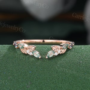 Marquise cut Moss agate wedding band Unique rose gold marriage ring Open ring Leaf ring Alexandrite Diamond Stacking ring Anniversary gift