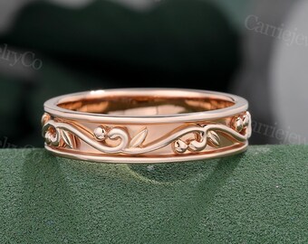 Fede nuziale curva vintage in oro rosa 14k, fede con incisione, fede in filigrana, anello impilabile abbinato, promessa Art Déco, anello nuziale