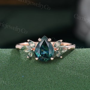 Pear shaped Blue Green Sapphire Engagement ring Vintage Rose Gold Marriage ring Cluster Marquise Moss Agate Wedding ring Anniversary ring