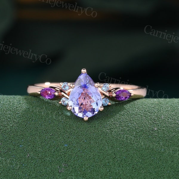 Pear shaped Tanzanite Engagement ring Cluster Amethyst Alexandrite Vintage Rose Gold Wedding ring Promise Anniversary Marriage ring gift