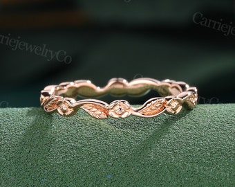 Vintage Solid gold wedding band Unique 14k rose gold wedding band women Floral ring matching Stackable ring Simple Anniversary gift for her