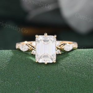 Emerald cut moissanite Engagement ring Yellow Gold Wedding ring Vintage Cluster Marquise diamond Bridal Art deco Promise Anniversary ring