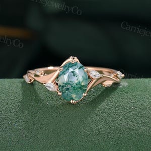 Oval cut Moss agate engagement ring Vintage Rose gold marriage ring Marquise diamond ring Art deco Bridal ring Promise ring Anniversary gift