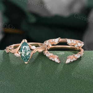 Marquise cut Moss agate engagement ring set Vintage Rose gold ring set Marquise diamond ring Leaf ring Bridal set Promise Anniversary gift