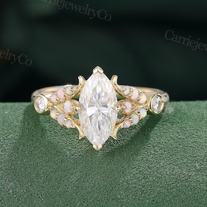Marquise cut Moissanite engagement ring Vintage yellow gold marriage ring Cluster opal ring Art deco diamond bridal ring Anniversary gift