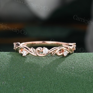 Vintage Moissanite Leaf Wedding band Solid Rose Gold Marriage ring Wave band Dainty Diamond Bridal ring Promise Anniversary Wedding gift