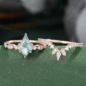 Kite cut Moss agate engagement ring set unique rose gold ring kite cut diamond ring for women Vintage bridal wedding ring set Annual Ring