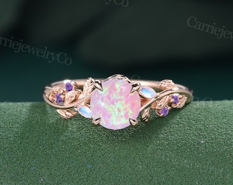 Pink Fire Opal Engagement ring Vintage Rose Gold Cluster Marquise Moonstone Amethyst Party ring Leaf Wedding ring Promise Anniversary ring