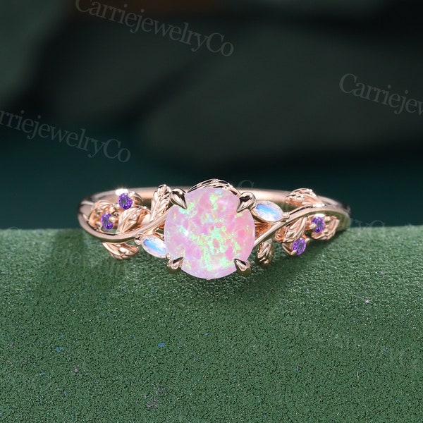 Pink Fire Opal Engagement ring Vintage Rose Gold Cluster Marquise Moonstone Amethyst Party ring Leaf Wedding ring Promise Anniversary ring