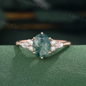 Oval cut Moss Agate engagement ring Unique rose gold ring Vintage Marquise cut Diamond ring Art deco Bridal ring Promise Anniversary gift