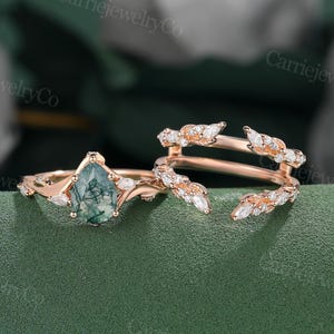 Anillo de compromiso de ágata musgosa en forma de pera, anillo vintage de oro rosa, anillo de diamantes marquesa, anillo de hoja, conjunto nupcial, regalo de aniversario de promesa.