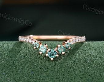 Vintage Blue Green Sapphire Wedding band Solid Rose Gold pave Moissanite Diamond Teal sapphire Matching ring Promise Stacking wedding ring.