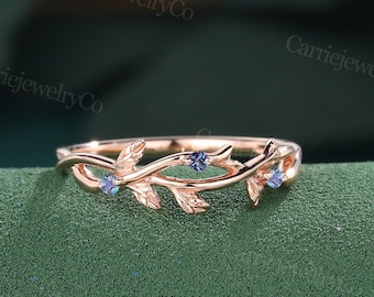 Vintage Alexandrite Wedding band rose gold Twist leaf ring Dainty twig ring Unique retro vine ring Promise Marriage Anniversary wedding band