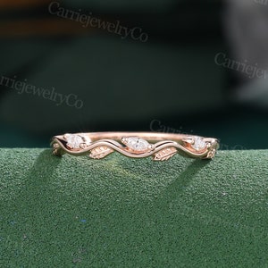 Marquise cut Moissanite wedding band Rose gold diamond wedding ring Dainty leaf wedding ring Delicate promise ring anniversary marriage ring