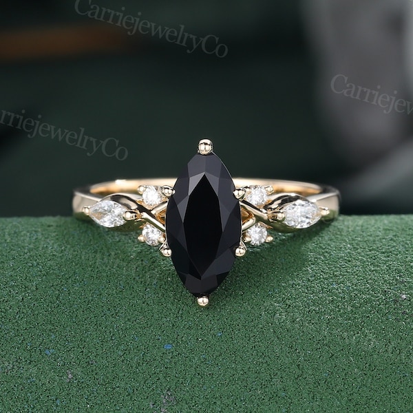 Marquise cut black onyx engagement ring yellow gold moissanite diamond ring Marquise cut ring art deco promise anniversary ring for her