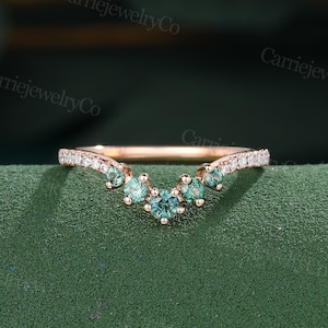 Vintage Blue Green Sapphire Wedding band Solid Rose Gold pave Moissanite Diamond Teal sapphire Matching ring Promise Stacking wedding ring.