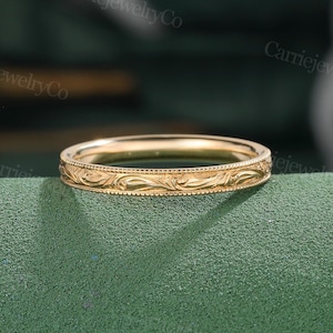 Vintage yellow gold wedding band Unique plain band Milgrain Carved ring Full eternity band Filigree Stacking ring Promise Anniversary gift