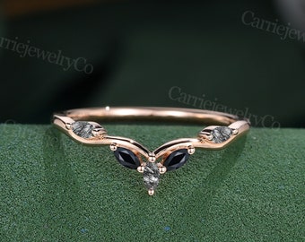 Marquise gesneden zwarte rutielkwarts sterling zilver Rose goud gebogen trouwring unieke zwarte onyx vijf stenen stapelen bijpassende ring cadeau