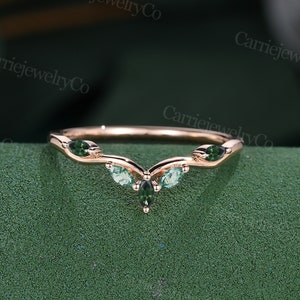 Marquise cut Blue green sapphire Sterling Silver Rose gold curved wedding band Unique Moss agate Five stone Wedding Stacking matching ring