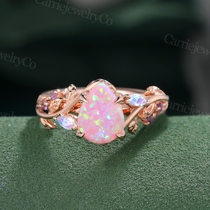 Pear shaped Pink Opal engagement ring Vintage Rose gold ring Marquise Moonstone Amethyst Party ring Leaf ring Bridal ring Anniversary gift