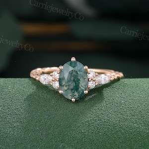 Oval cut Moss Agate engagement ring Unique rose gold ring Twisted band Marquise cut Moissanite Art deco Diamond Bridal ring Anniversary gift
