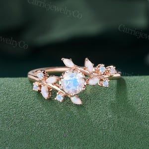 Unique Moonstone engagement ring Solid rose gold ring Marquise cut Opal ring Art deco Dainty Promise bridal ring Anniversary gift for women