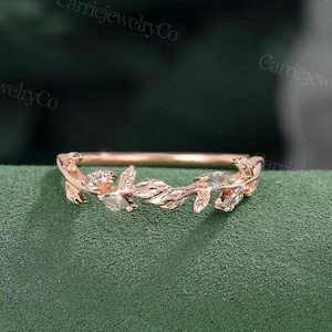Curved wedding band Solid Rose gold ring Marquise green sapphire ring Unique marriage ring Leaf ring Promise Bridal ring Anniversary gift