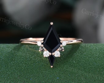 Kite cut Black Onyx engagement ring Rose Gold Moissanite Diamond Black Rutilated Quartz engagement ring art deco promise anniversary ring