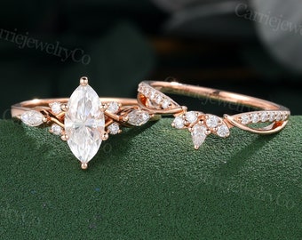 Marquise cut Moissanite Engagement ring set Cluster Rose Gold ring Marquise Moissanite diamond Marriage ring Anniversary Bridal wedding band