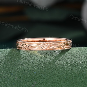 Vintage Rose Gold Ehering Einzigartige breiter Ehering Milgrain geschnitzter Ring Solid 14K Brautring Versprechen Jahrestag Geschenk