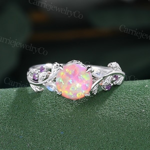 Round cut Pink Opal Engagement ring Vintage white Gold Cluster Round Moonstone Amethyst Party ring Leaf ring Wedding ring Anniversary ring