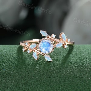 Moonstone engagement ring Unique rose gold leaf engagement ring Art deco marquise opal ring Dainty promise ring Anniversary gift for women