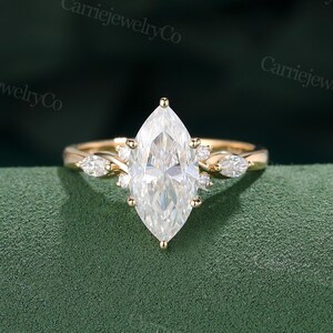 Marquise cut Moissanite engagement ring Solid yellow gold engagement ring Cluster Diamond ring Art deco Bridal Promise ring Anniversary gift