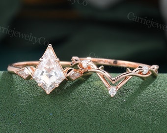 Kite Moissanite engagement ring set Rose Gold Bezel set Kite diamond moissanite ring Branch wedding ring Promise Anniversary bridal ring set