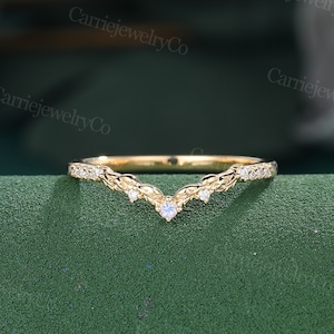 Unique Yellow gold Moonstone wedding band vintage Leaf Branch curved stacking Diamond ring art deco wedding promise ring anniversary ring
