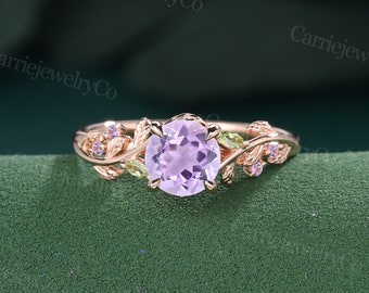 Amethyst Engagement ring Vintage Rose Gold Cluster Marquise Olivine Party ring Leaf flower ring Promise ring Anniversary gift for women