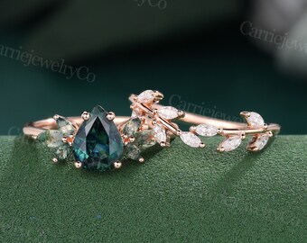 Pear shaped Blue Green Sapphire Engagement ring set Vintage Rose Gold Marriage ring Cluster Marquise Moss Agate Bridal set Anniversary ring.
