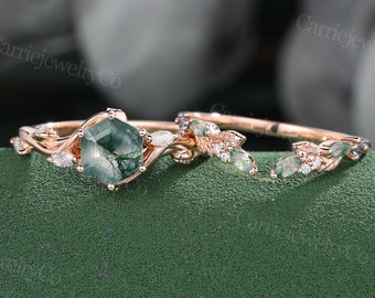 Hexagon cut Moss Agate engagement ring set unique rose gold ring Marquise moissanite Diamond Marriage art deco Anniversary promise ring set