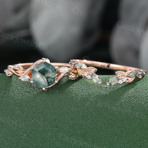 Hexagon cut Moss Agate engagement ring set unique rose gold ring Marquise moissanite Diamond Marriage art deco Anniversary promise ring set