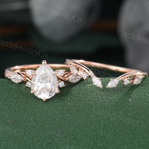 Zestaw pierścionków zaręczynowych z moissanitem w szlifie gruszkowym Vintage pierścionek z różowego złota z diamentami markiza Open Wedding Band zestaw ślubny zestaw pierścionków zaręczynowych na rocznicę