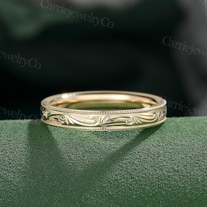 Vintage yellow gold wedding band 3mm plain wedding band Carved ring Milgrain ring Full eternity band Stacking ring Promise Anniversary gift