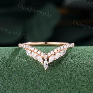 Marquise cut Lab grown diamond wedding band Curved wedding band Rose gold ring Vintage Matching Stacking band Promise ring anniversary gift