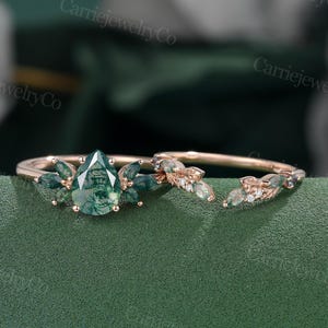 Pear shaped Moss Agate engagement ring set Vintage Rose gold ring set Marquise moss agate Leaf ring Art deco Bridal set Anniversary gift