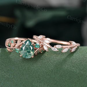 Pear shaped Moss Agate engagement ring set Vintage Rose gold ring Marquise emerald ring Leaf ring Unique diamond Bridal set Anniversary gift