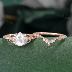 Pear shaped Moissanite engagement ring set Unique Rose gold ring set Cluster diamond marriage ring Bridal set Promise ring Anniversary gift
