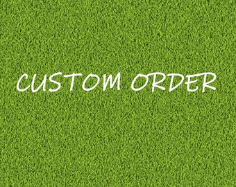 May include: A vibrant green textured background with the words "CUSTOM ORDER" in white cursive script. The text is centrally positioned, and the background has a grass-like texture.