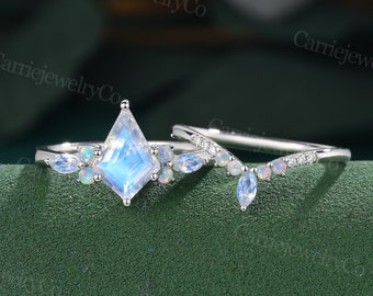 Kite cut Moonstone engagement ring set unique White gold ring moissanite opal Marquise moonstone Marriage Anniversary promise wedding ring