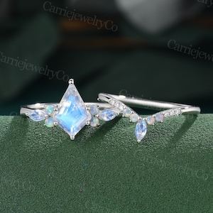 Kite cut Moonstone engagement ring set unique White gold ring moissanite opal Marquise moonstone Marriage Anniversary promise wedding ring