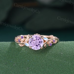 Amethyst Engagement ring Vintage Rose Gold Cluster Marquise Moonstone Amethyst Party ring Leaf ring Promise Anniversary gift for women